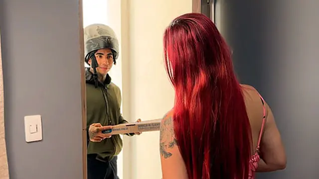 Busty Colombian babe requests a house helper and gets a surprise creampie on top