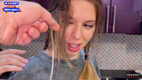 Fancy roommate's kinky kitchen encounters: regular blowjobs, cumshot, pigtail humiliation