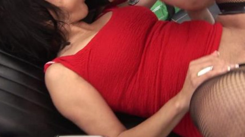 Black-haired older babe gets down with two dudes in raunchy three-way bang fest
