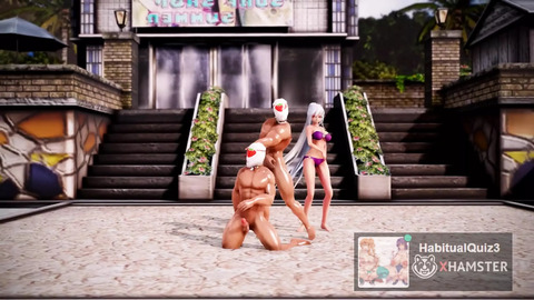 Three-dimensional Asian animation, sexual intercourse with a dildo in a public setting