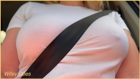 Wifey with perfect braless tits flashing in the car