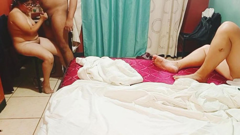 At first the innocent girl didn't want to suck dick in front of a mature 70-year-old milf, but she