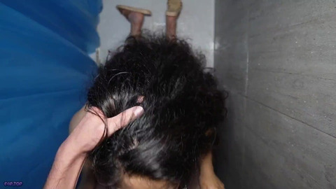 My milf neighbor sucks my cock secretly in the bathroom —  she deepthroats —  cum on her face and tits
