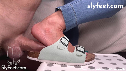 Green Birkenstocks footjob with a huge cumshot on them