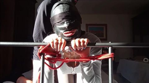 Bound in a bed I roughly fucked my wife holes, pussy and ass front view