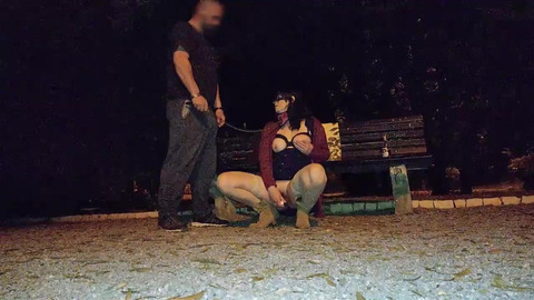 Hot mother in law training in public with dog leash having big orgasm with dildo