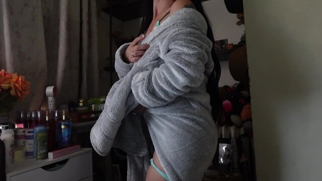 Petite, long-haired brunette HOT MOM teases in her massive furry robe 