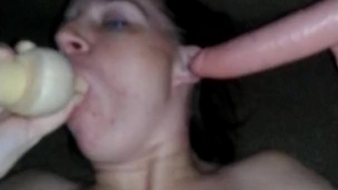 Double penetration wife gets blown and deepthroated by two cocks intensely