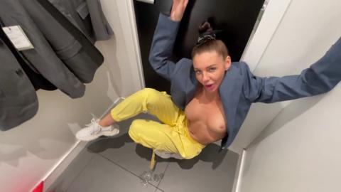 Blonde bombshell gets blown by customer in cramped boutique dressing stall