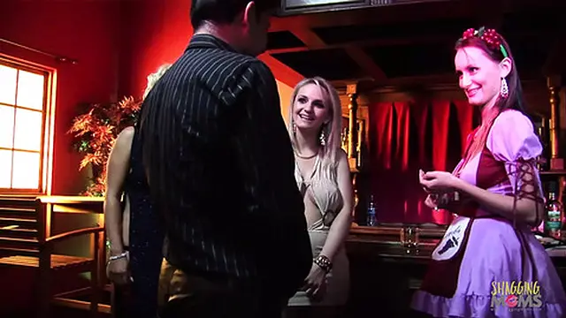 Three sluts screwing a bartender late at night