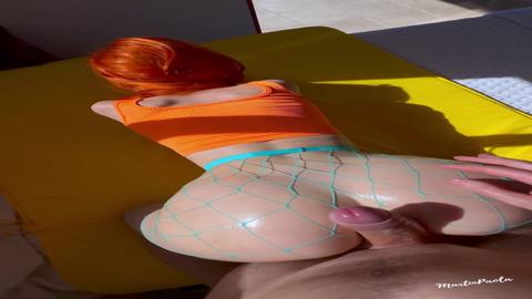 Thin red-haired beauty enjoys doggie style sex!